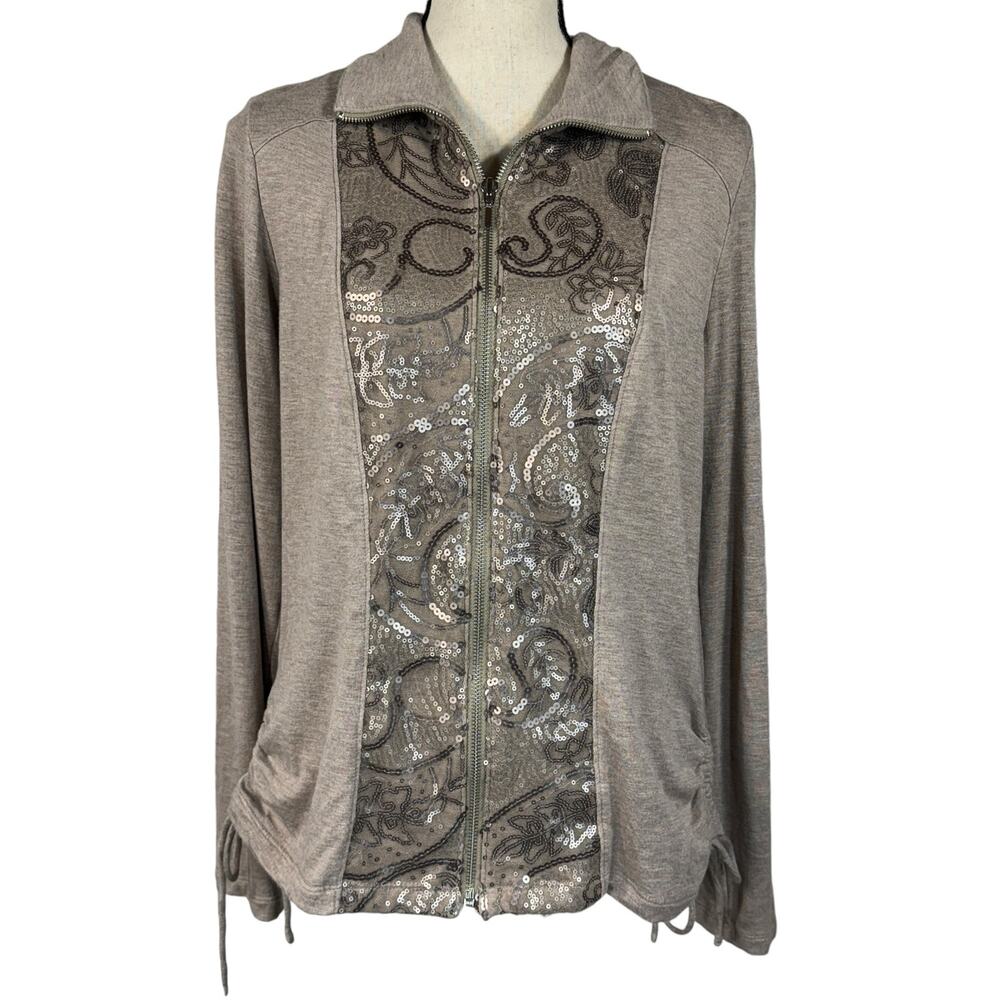 Zenergy by Chico’s SZ 1 (Medium) Retreat Jacket Zip-Up Sequined Ruched Sides Tan